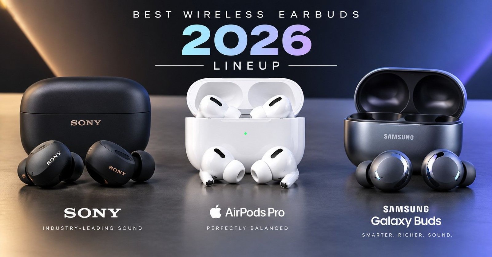 3D render of the best wireless earbuds 2026 lineup including Sony, AirPods Pro and Galaxy Buds