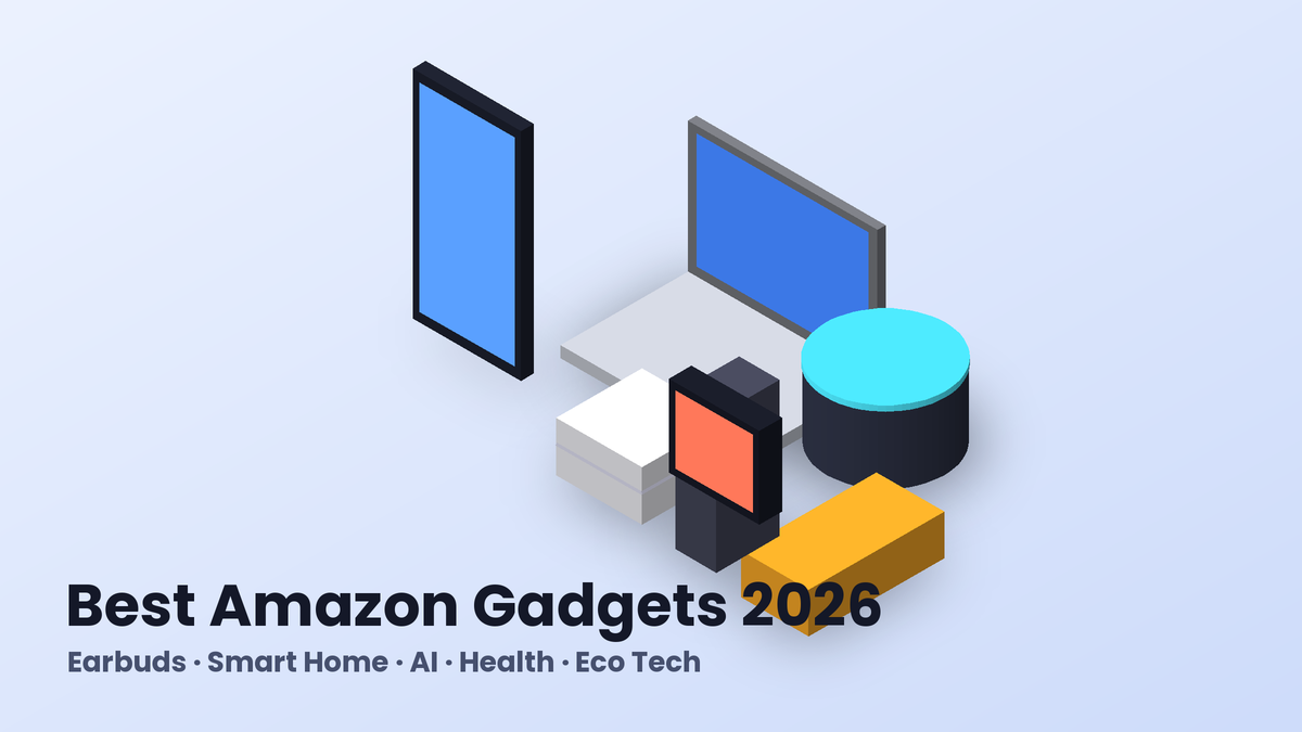 3D isometric illustration of the best Amazon gadgets 2026: laptop, smartphone, smart speaker, earbuds case, smartwatch and power bank